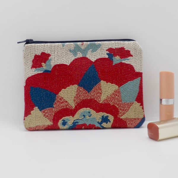 Make up bag or large coin purse in red and blue