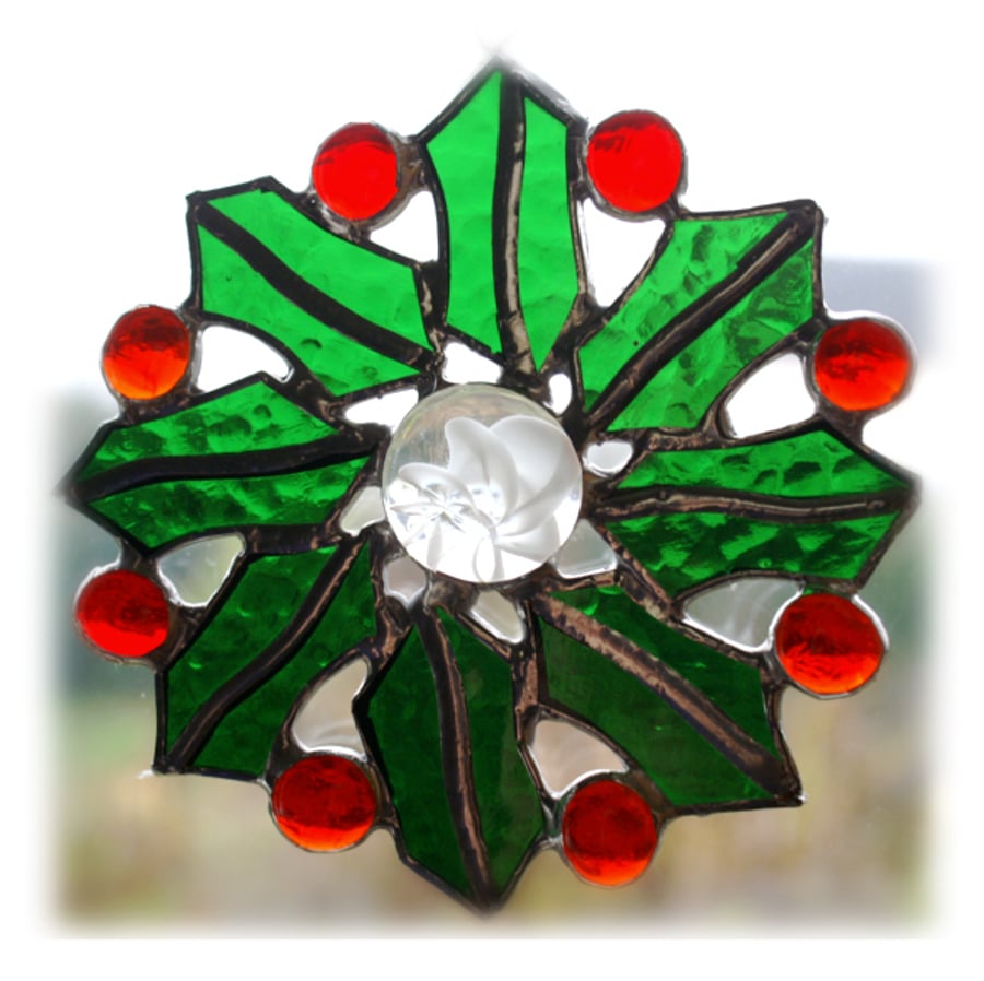 Holly Wreath Stained Glass Suncatcher Festive Christmas Berries 