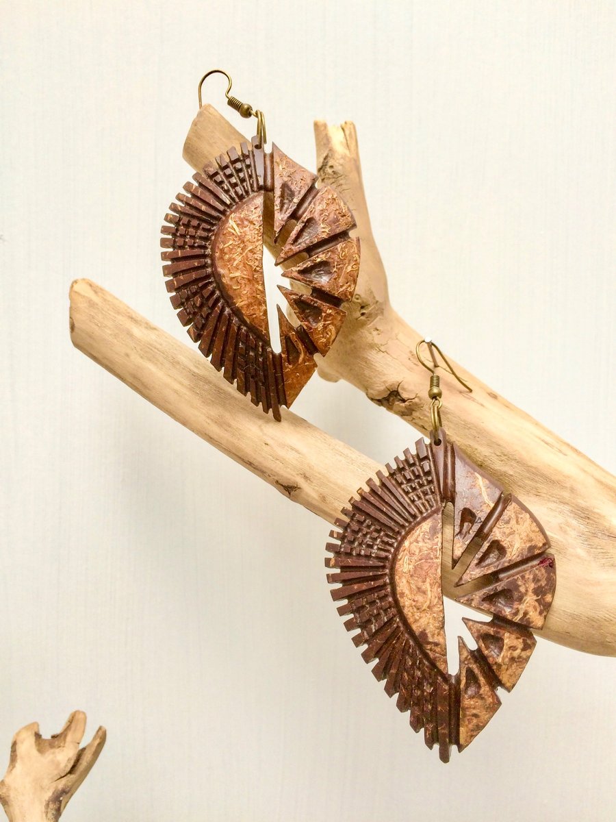 Drop dangle Hand carved coconut wood earrings