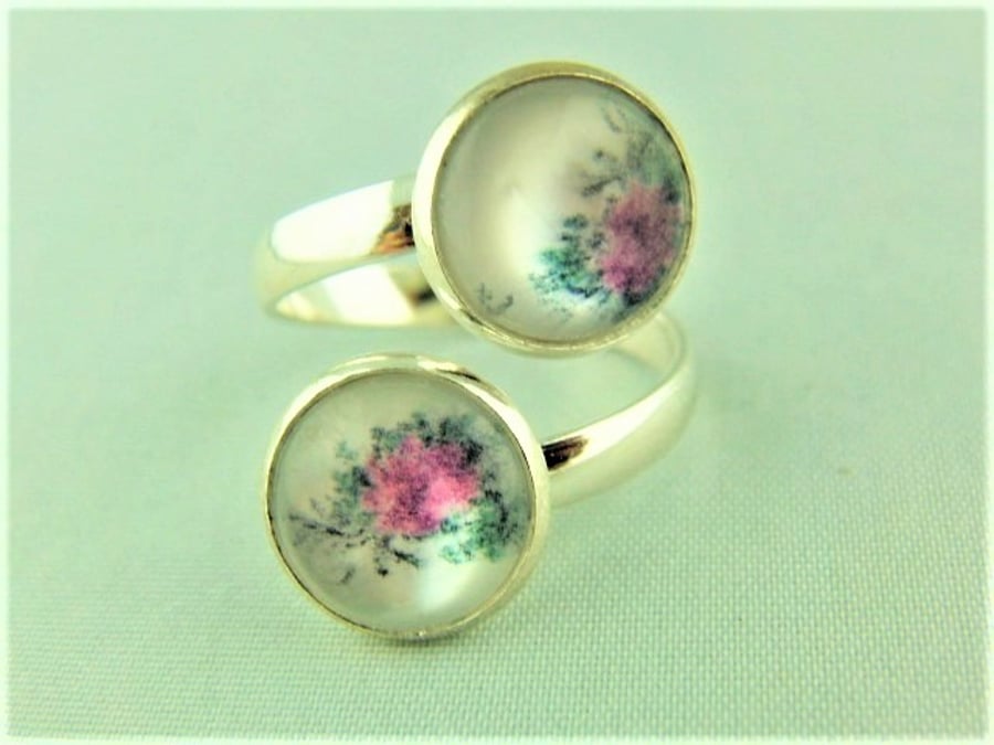 Ladies Adjustable Statement Ring with 2 Pink Flower Cabochons