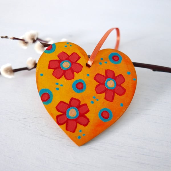 Orange Easter Decoration, Flower Hanging Heart, Red Flowers Artwork