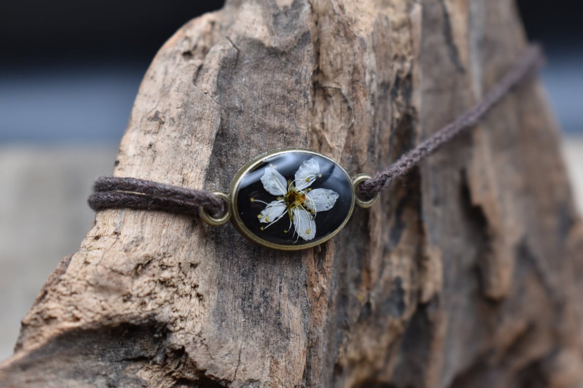 Adjustable Resin Bracelet with Pressed Blackthorn Flower, Waxed Cotton Cord