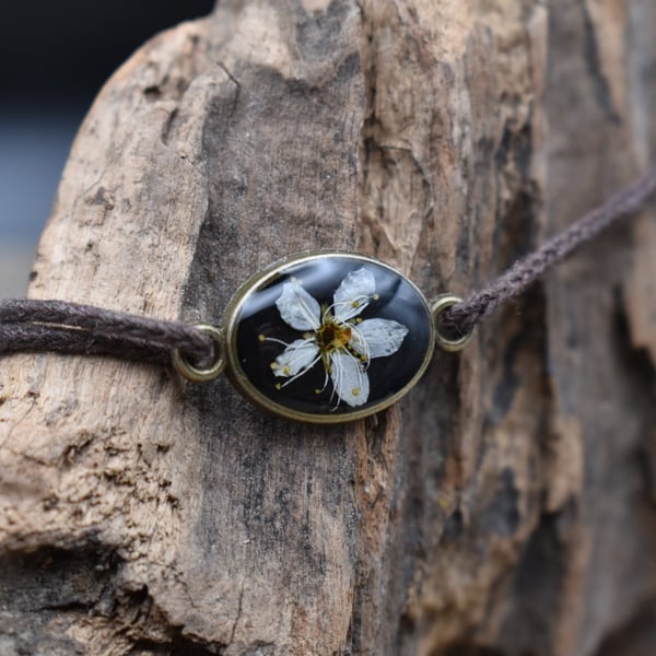 Adjustable Resin Bracelet with Pressed Blackthorn Flower, Waxed Cotton Cord