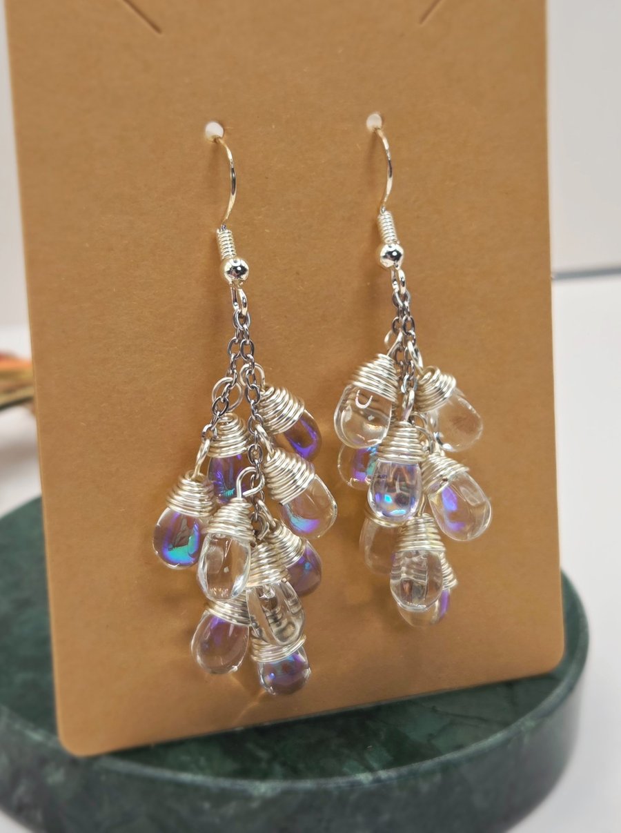 Wire Wrapped Iridescent Clear Teardrop Cluster Dangle Earrings, Sterling Silver
