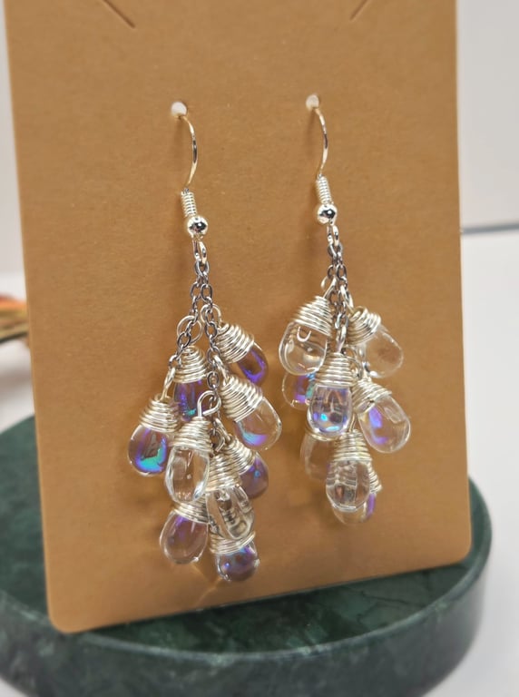 Wire Wrapped Iridescent Clear Teardrop Cluster Dangle Earrings, Sterling Silver