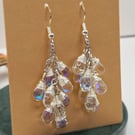 Wire Wrapped Iridescent Clear Teardrop Cluster Dangle Earrings, Sterling Silver