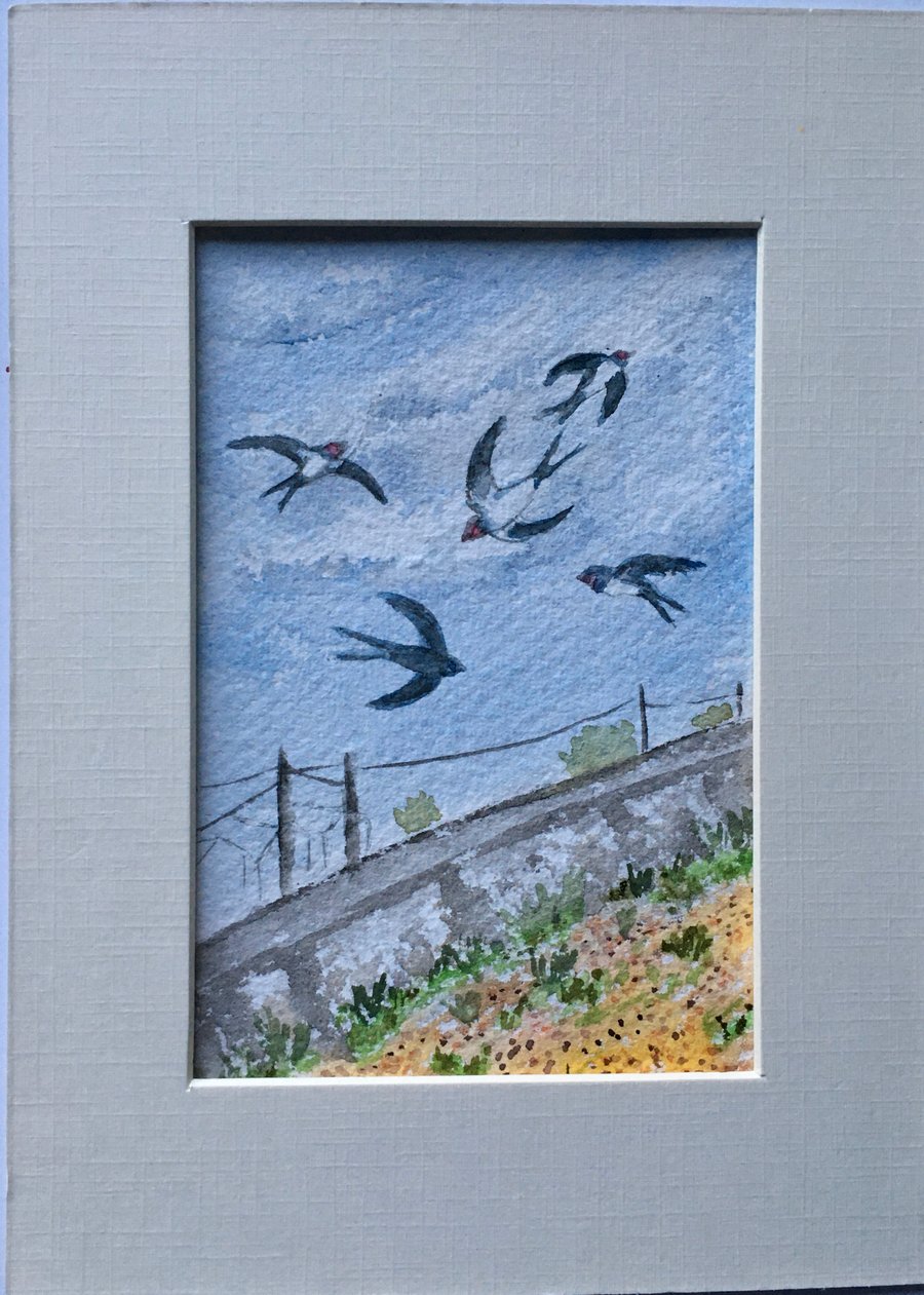 Swallows gathering watercolour art 