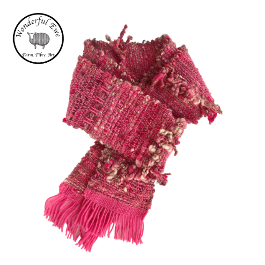 Handwoven art yarn scarf pink hand spun
