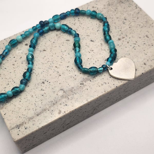 Teal Indian Glass Bead Strechie Necklace 