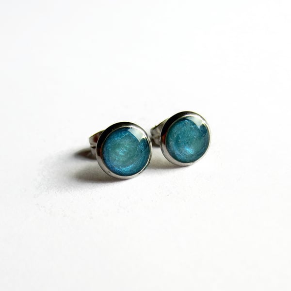 Teal Blue Circle Stud Earrings - Hypoallergenic - 8mm