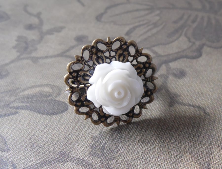 White rose filigree ring