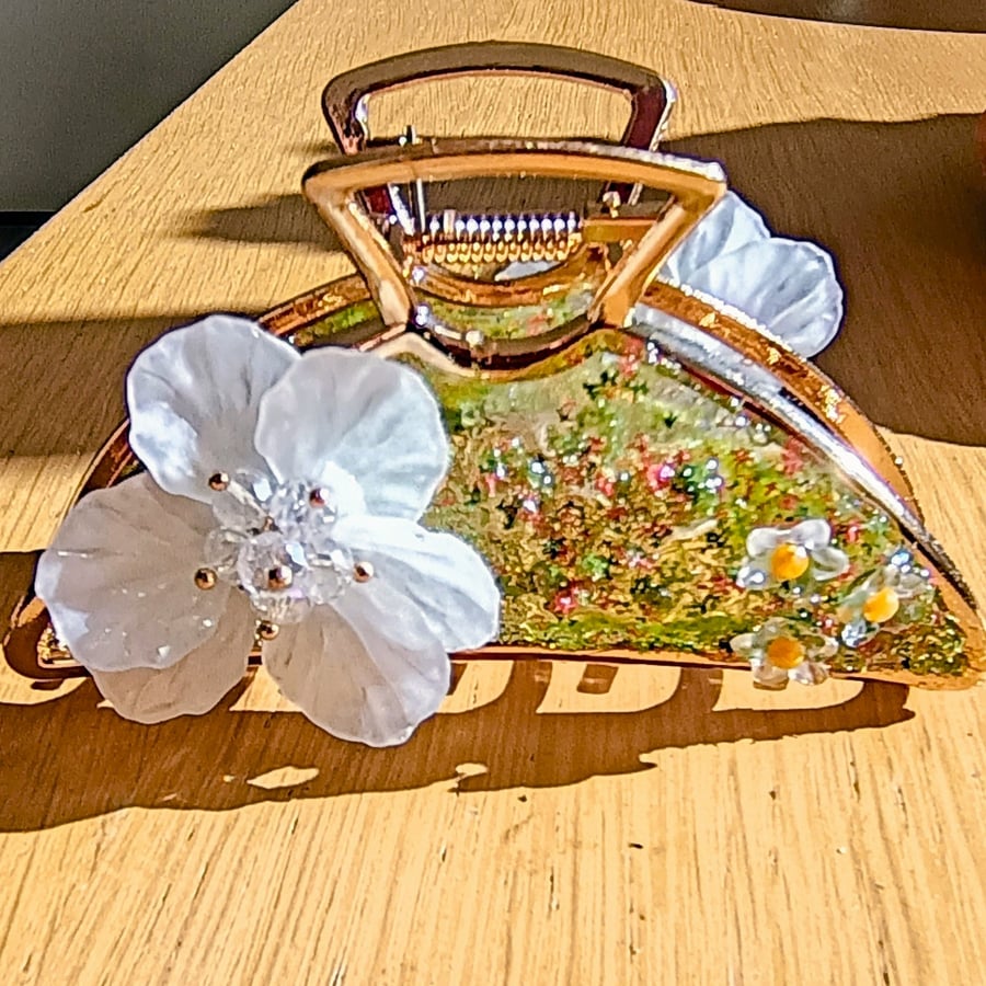 Gold Metal Large Hair Claw Clip, Hand Decorated with White Flower