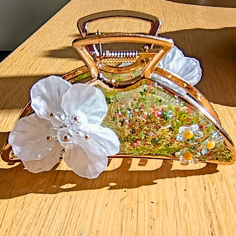 Gold Metal Large Hair Claw Clip, Hand Decorated with White Flower