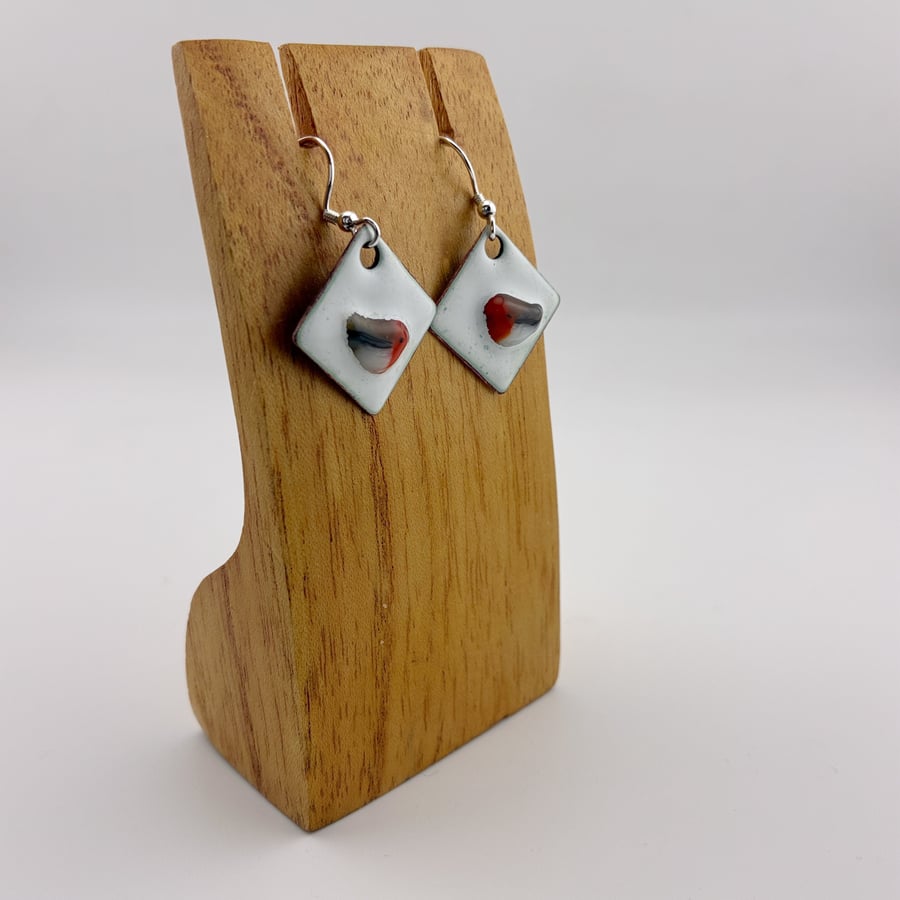 Handmade enamel and glass robin earrings on sterling silver hooks