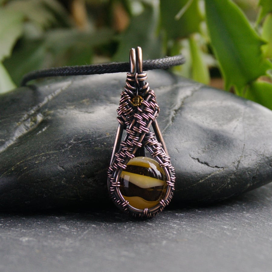 Copper Wire Weave Pendant with Yellow Striped Glass - Perfectly Imperfect