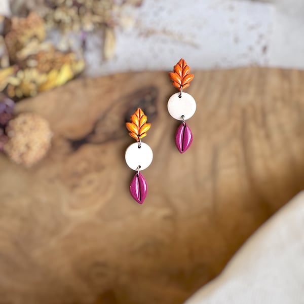 Autumn Shimmering Pumpkin Oak Leaf & Glossy Magenta Drop Polymer Clay Earrings