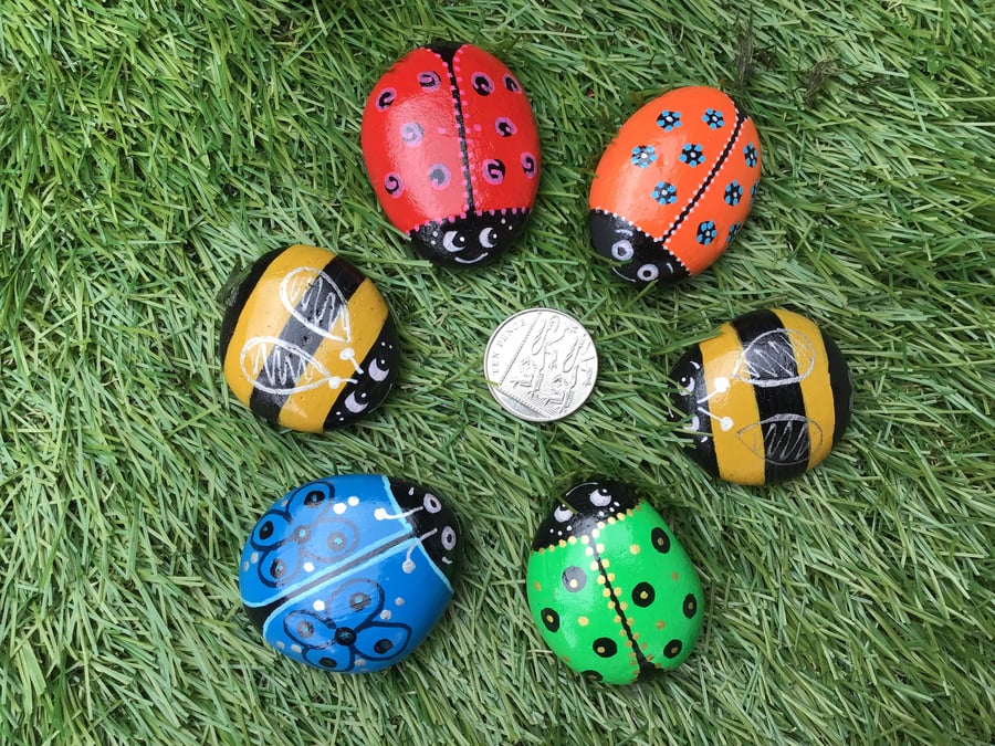 Hand Painted Pebbles Stones Rainbow Ladybirds Bumble Bees Set of 6