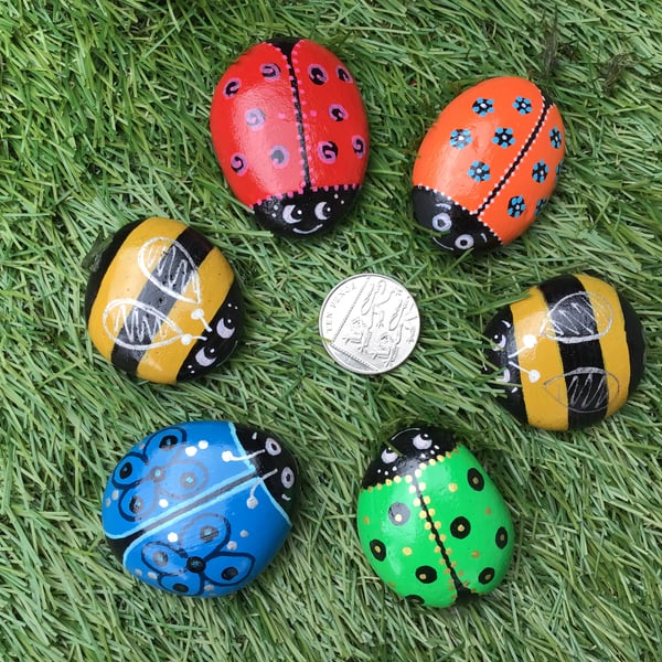Hand Painted Pebbles Stones Rainbow Ladybirds Bumble Bees Set of 6