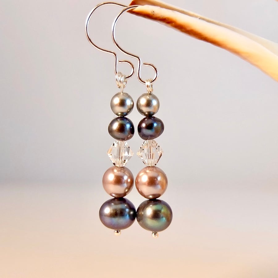 Freshwater And Shell Pearl Earrings With Swarovski Crystals - Handmade In Devon.
