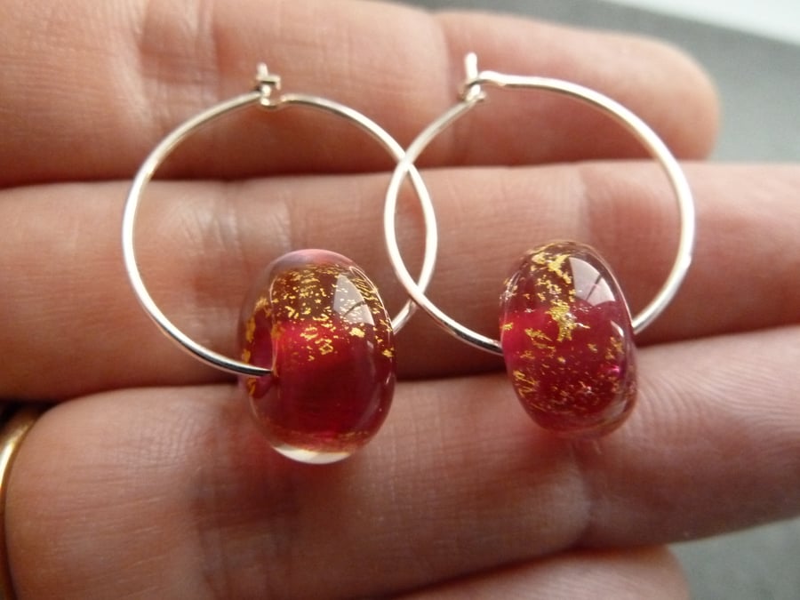sterling silver hoop earrings, pink and gold leaf
