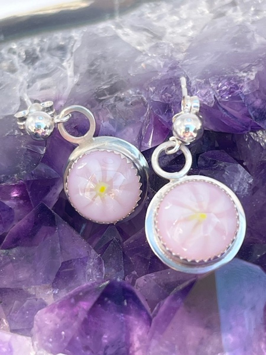 Silver earrings with pale pink flower fused glass stone