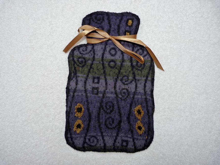 Up-cycled  Blue Patterned Wool Hot Water Bottle Cover.