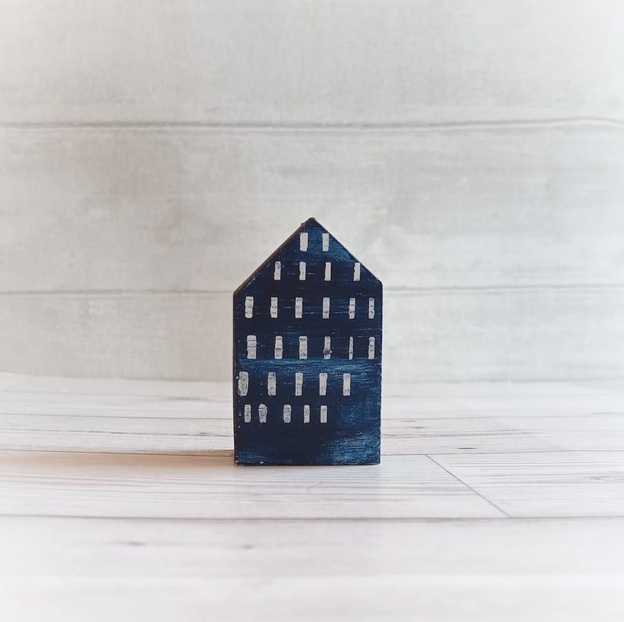 Miniature Wooden House, Little Blue House, House Ornament