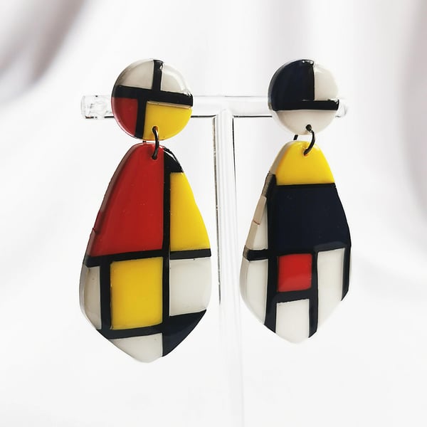 Piet Mondrian art earrings made from clay and resin