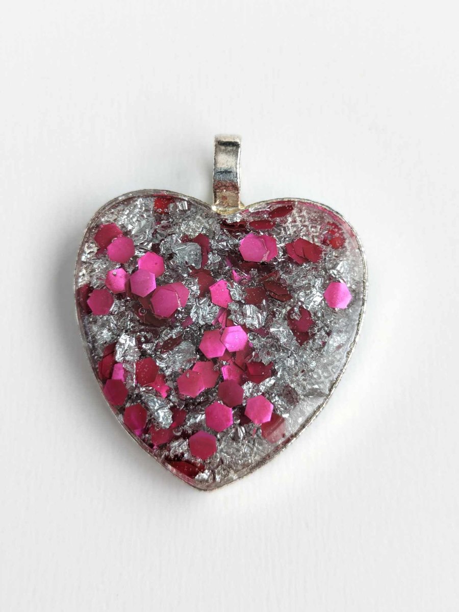 Resin Heart Pendant With Chunky Cerise Glitter & Silver coloured Flakes