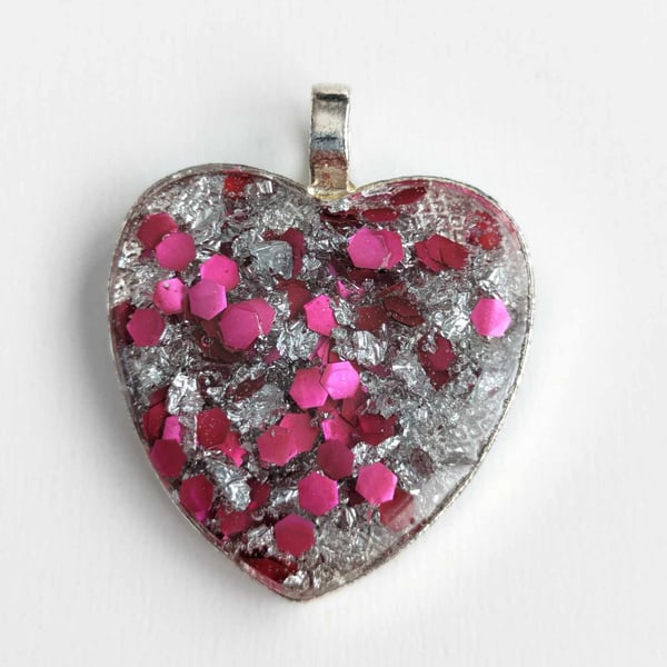 Resin Heart Pendant With Chunky Cerise Glitter & Silver coloured Flakes