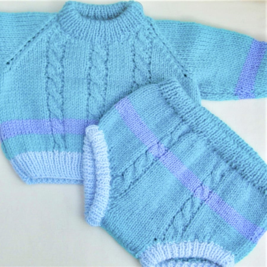 Hand Knitted Unisex 2 Piece Baby's Jumper and Pants Set, Baby Shower Gift