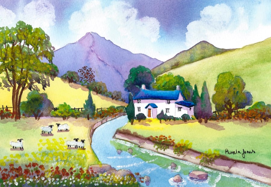 Snowdonia Riverside, Cottage, North Wales - Watercolour Print in 9 x 7 '' Mount