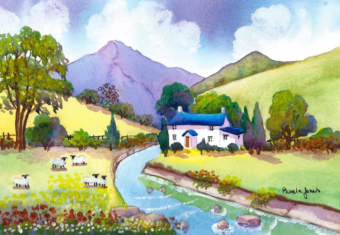 Snowdonia Riverside, Cottage, North Wales - Watercolour Print in 9 x 7 '' Mount