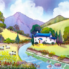 Snowdonia Riverside, Cottage, North Wales - Watercolour Print in 9 x 7 '' Mount