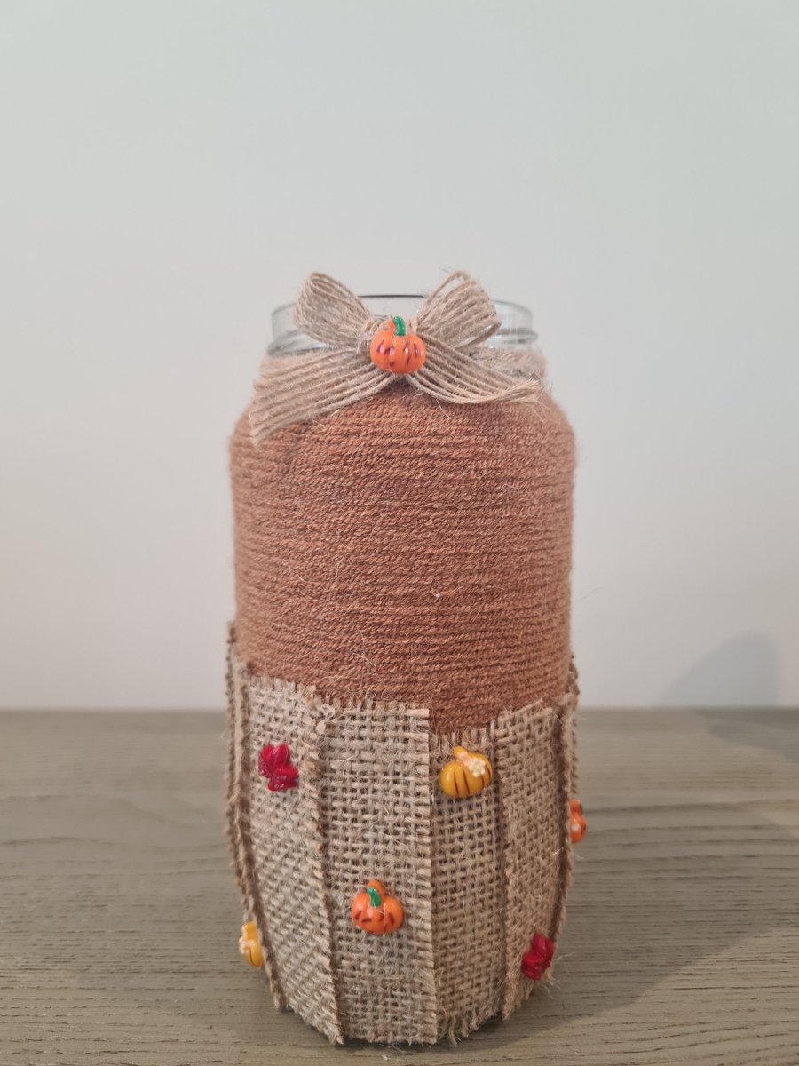 Handmade Upcycled Autumn Glass Jar,Rustic Decor,Dried Flower Vase,Autumn Gift