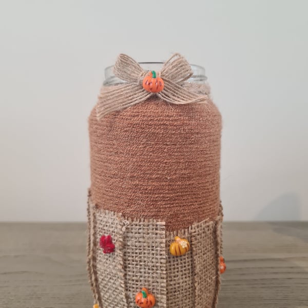 Handmade Upcycled Autumn Glass Jar,Rustic Decor,Dried Flower Vase,Autumn Gift