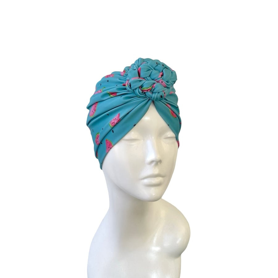 Blue Beach Turban Swim Cap, SPF 50 Fabric Summer Colourful Turban Hat for Women