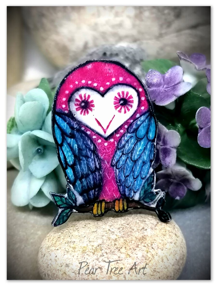 Owl Brooch, Handmade, Pink and Blue