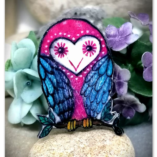 Owl Brooch, Handmade, Pink and Blue