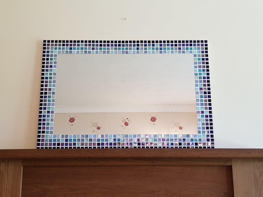 Large Mosaic Wall Mirror 70x50cm in shades of Blue Turquoise