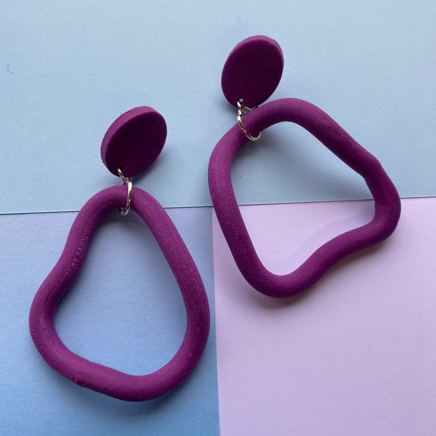 polymer clay wonky hoop earrings, colourful hoop earrings, polymer clay hoop ear