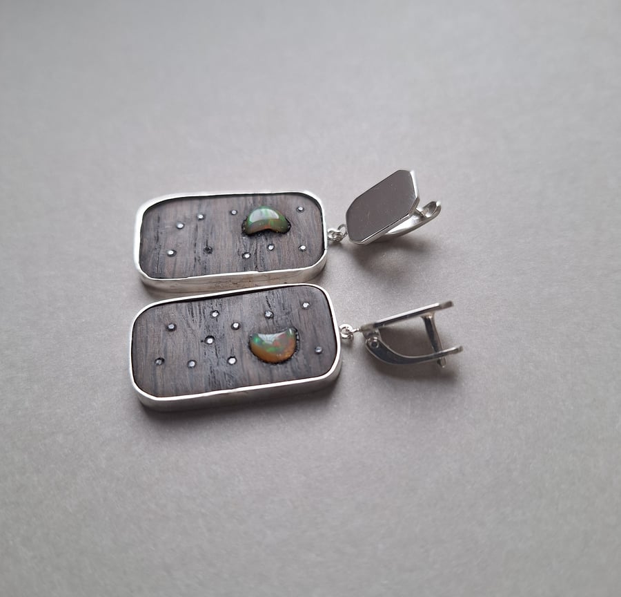 Starry night dreams. Bog Oak and Ethiopian Opal Crescent Moon Earrings. 