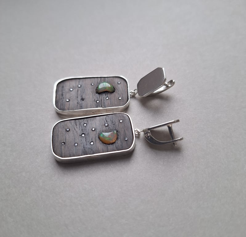 Starry night dreams. Bog Oak and Ethiopian Opal Crescent Moon Earrings. 
