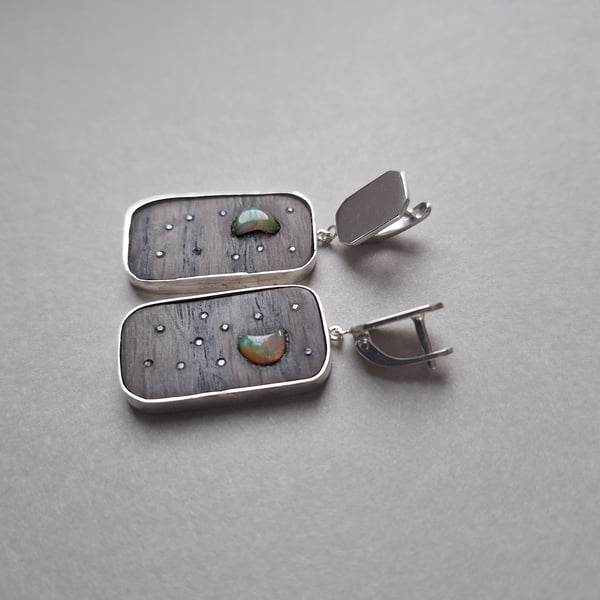 Starry night dreams. Bog Oak and Ethiopian Opal Crescent Moon Earrings. 