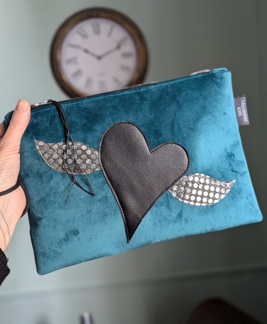 Clutch Bag Evening Bag or Party Bag With Heart and Silver Wings Motif