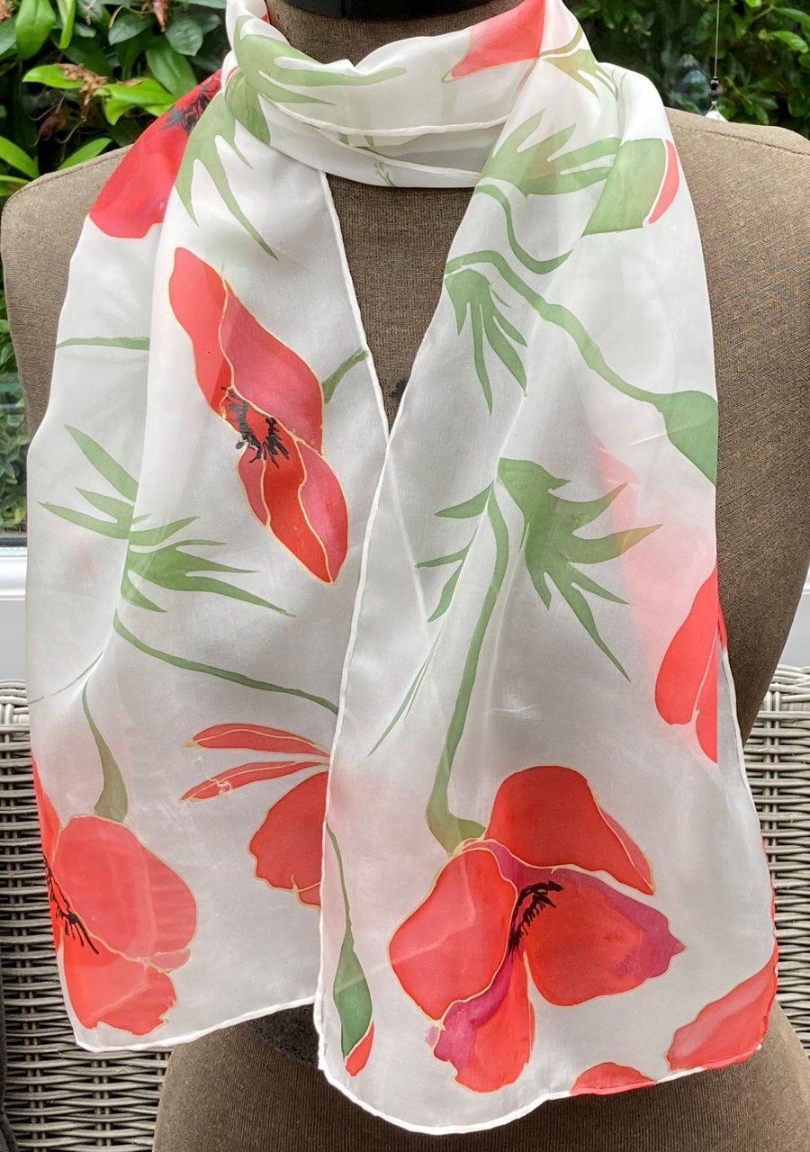 Red Poppies  hand painted silk scarf