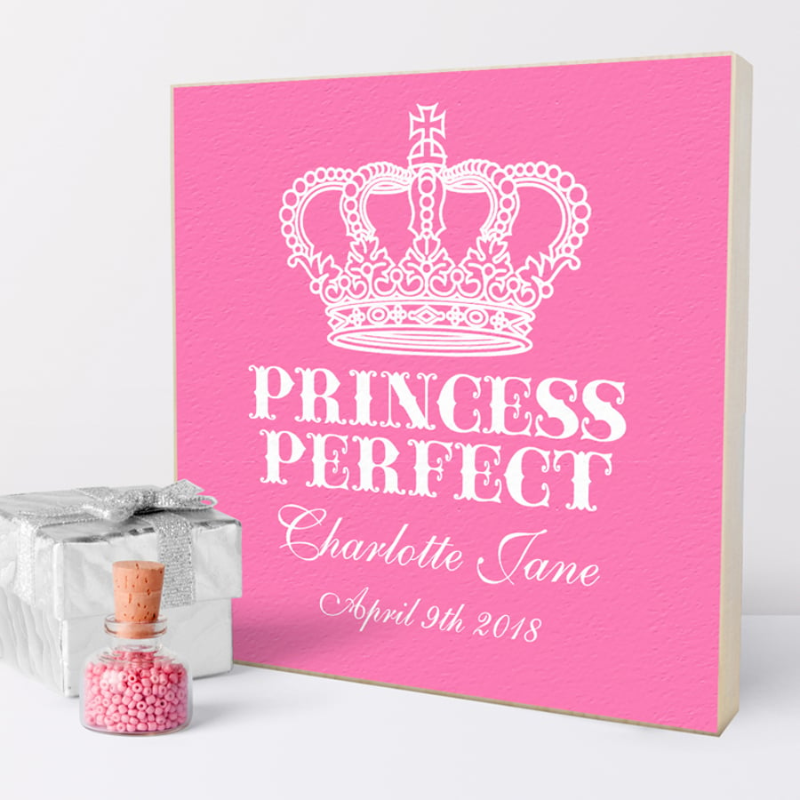 Princess Perfect Personalised Wooden Picture Block, baby child gift