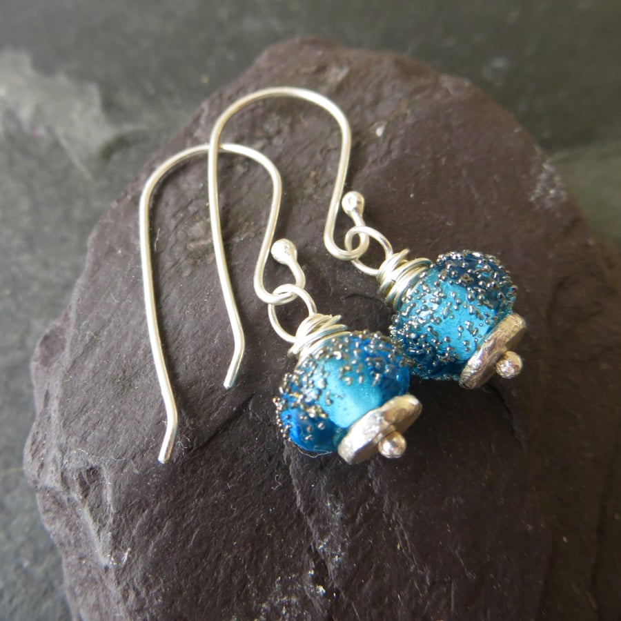 Sterling Silver and Turquoise Lampwork Glass Earrings