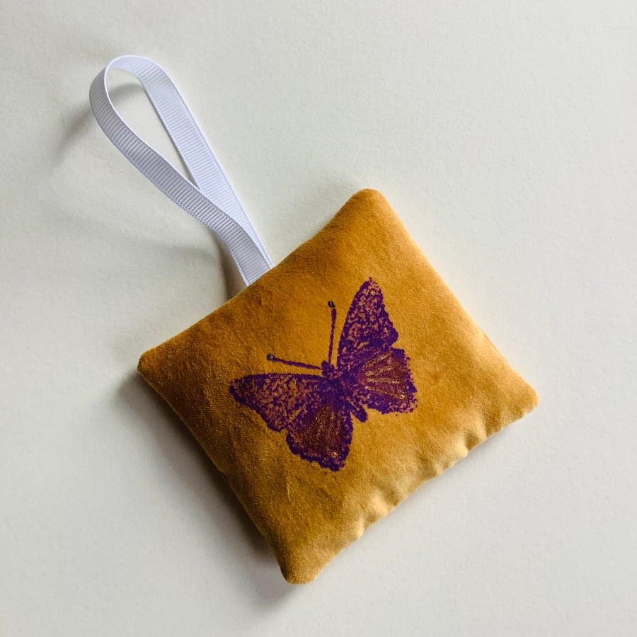 Yellow Butterfly Lavender Bag Hand Printed on Luxury Velvet; Lavender sachet