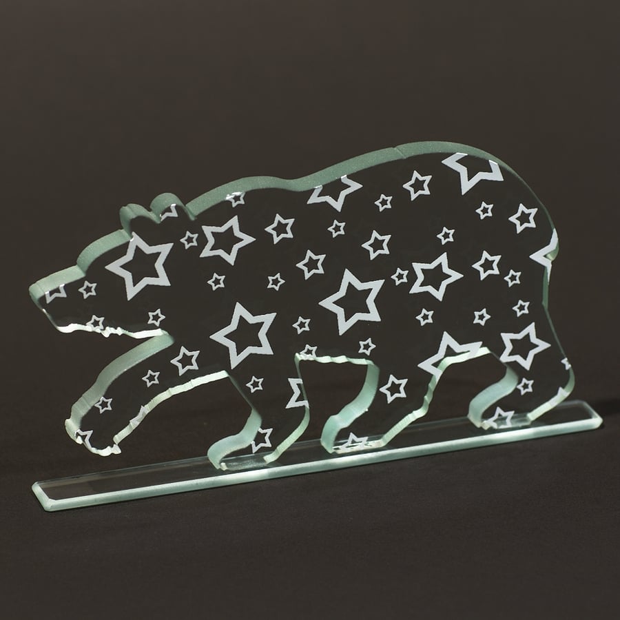 Glass Bear Sculpture with Stars Pattern